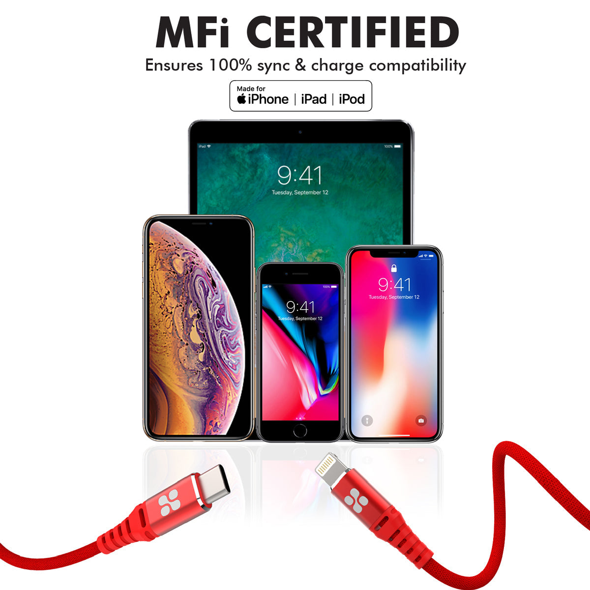 Promate - USB-C Lightning Cable, Heavy Duty 29W Power Delivery Mesh-Armoured USB Type-C to Apple MFi Certified Lightning Cable with Ultra-Fast 3A Sync Charge Cord for Smartphones, Tablets Laptops, PowerCord Red