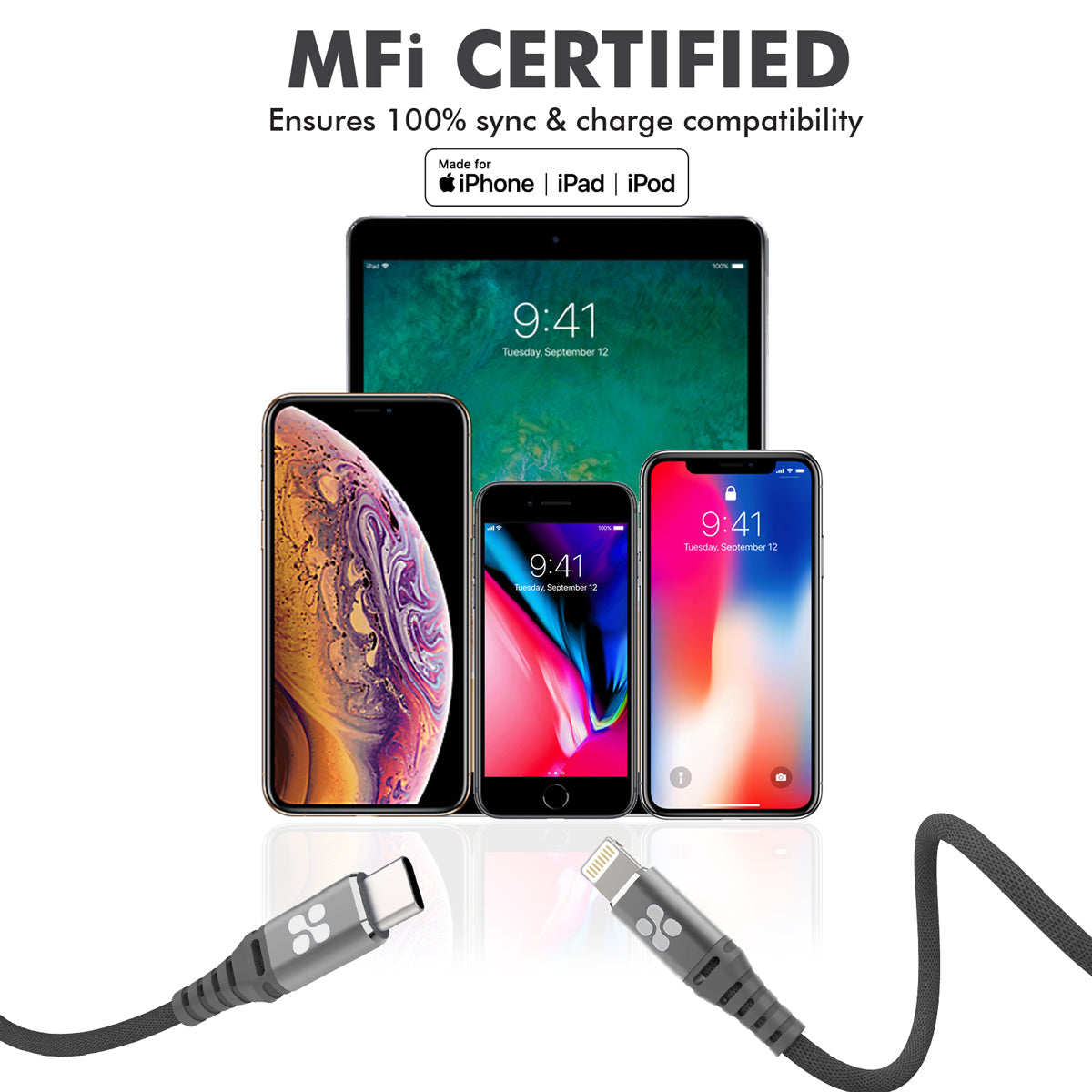 Promate - USB-C Lightning Cable, Heavy Duty 29W Power Delivery Mesh-Armoured USB Type-C to Apple MFi Certified Lightning Cable with Ultra-Fast 3A Sync Charge Cord for Smartphones, Tablets Laptops, PowerCord Grey