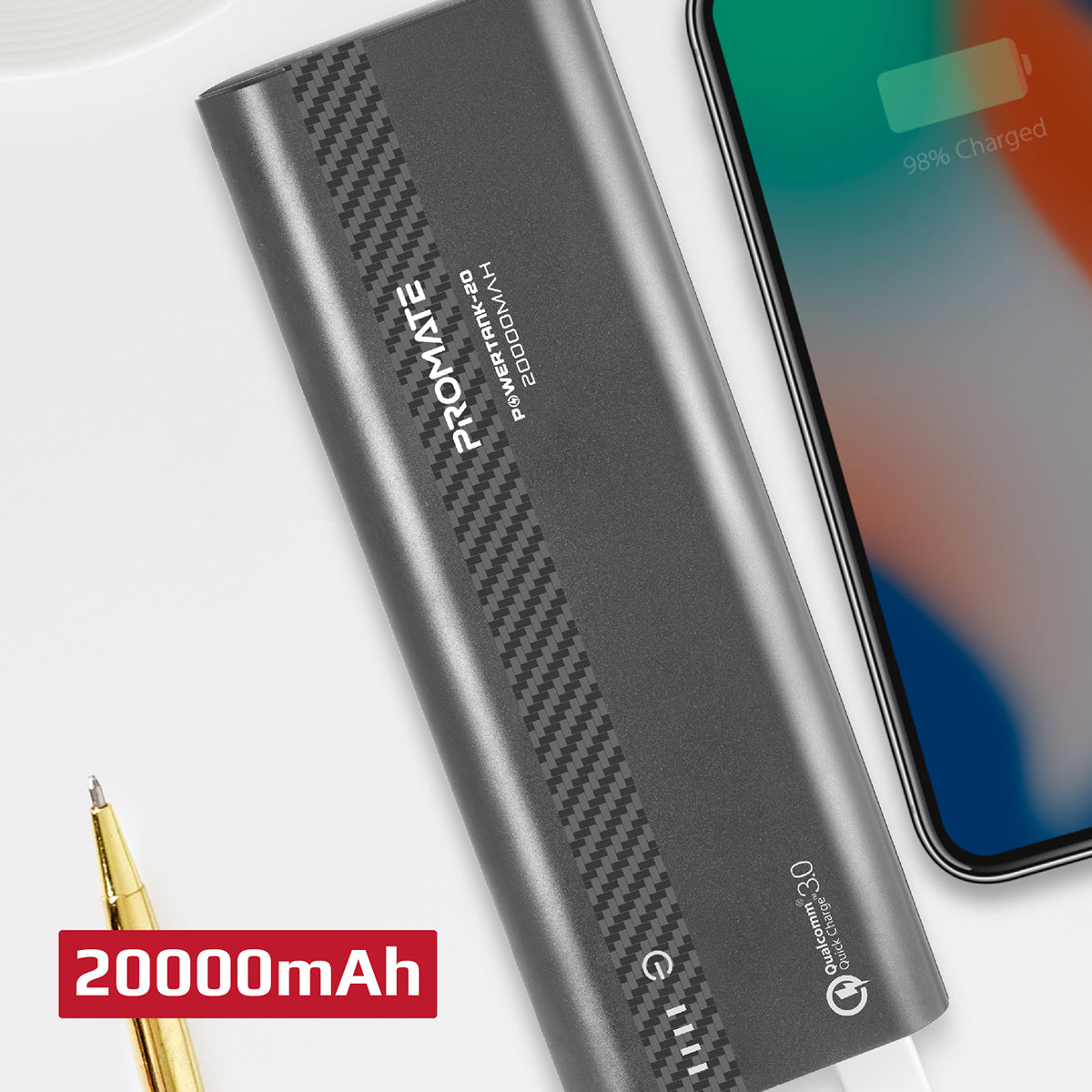 Promate - Type-C Power Delivery Power Bank, High Capacity 20000mAh Multi-Protect Universal Aluminium Power Bank with 18W Qualcomm Quick Fast Charging 3.0 Port for USB Type-C and USB Enabled Devices, PowerTank-20 Grey