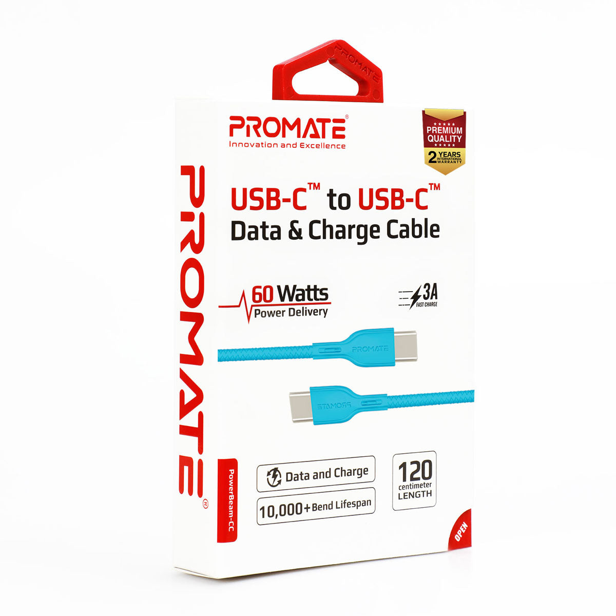 Promate - USB-C™ to USB-C™ Cable, Ultra-Fast 60W Power Delivery USB Type-C™ to Type-C™ 3A Sync and Charge Cable with 1.2 Meter Tangle Free Cord for MacBook Pro, Google Pixel XL, Nexus 5X/6P, PowerBeam-CC Blue