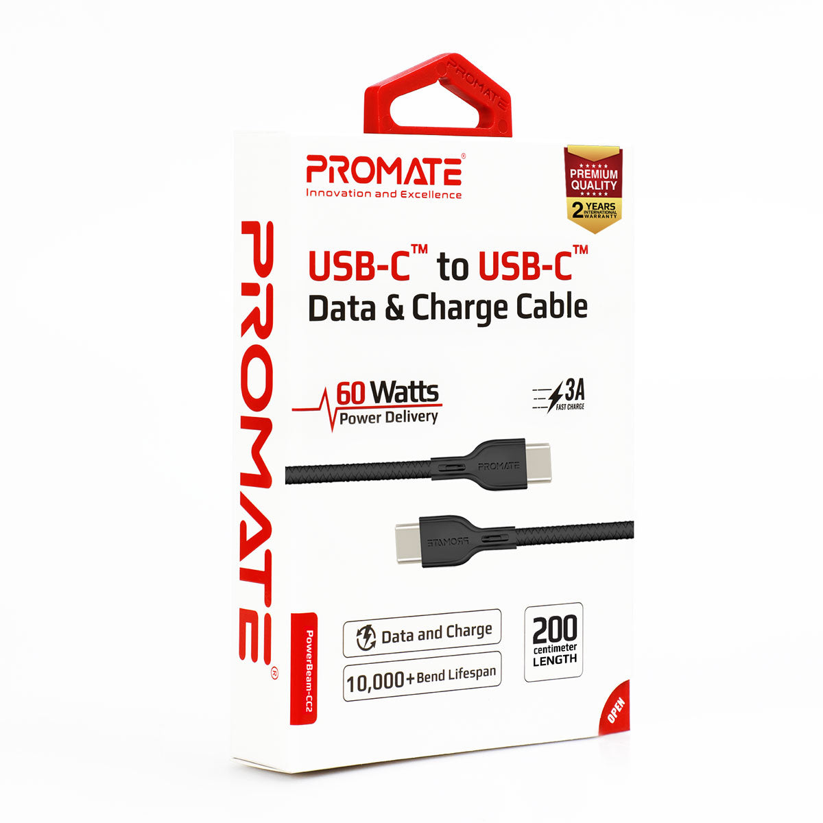 Promate - USB-C™ to USB-C™ Cable, Premium 60W Power Delivery USB Type-C™ to Type-C™ 3A Sync and Charge Cable with 2 Meter Tangle Free Cord for MacBook Pro, Google Pixel XL, Nexus 5X/6P, PowerBeam-CC2 Black