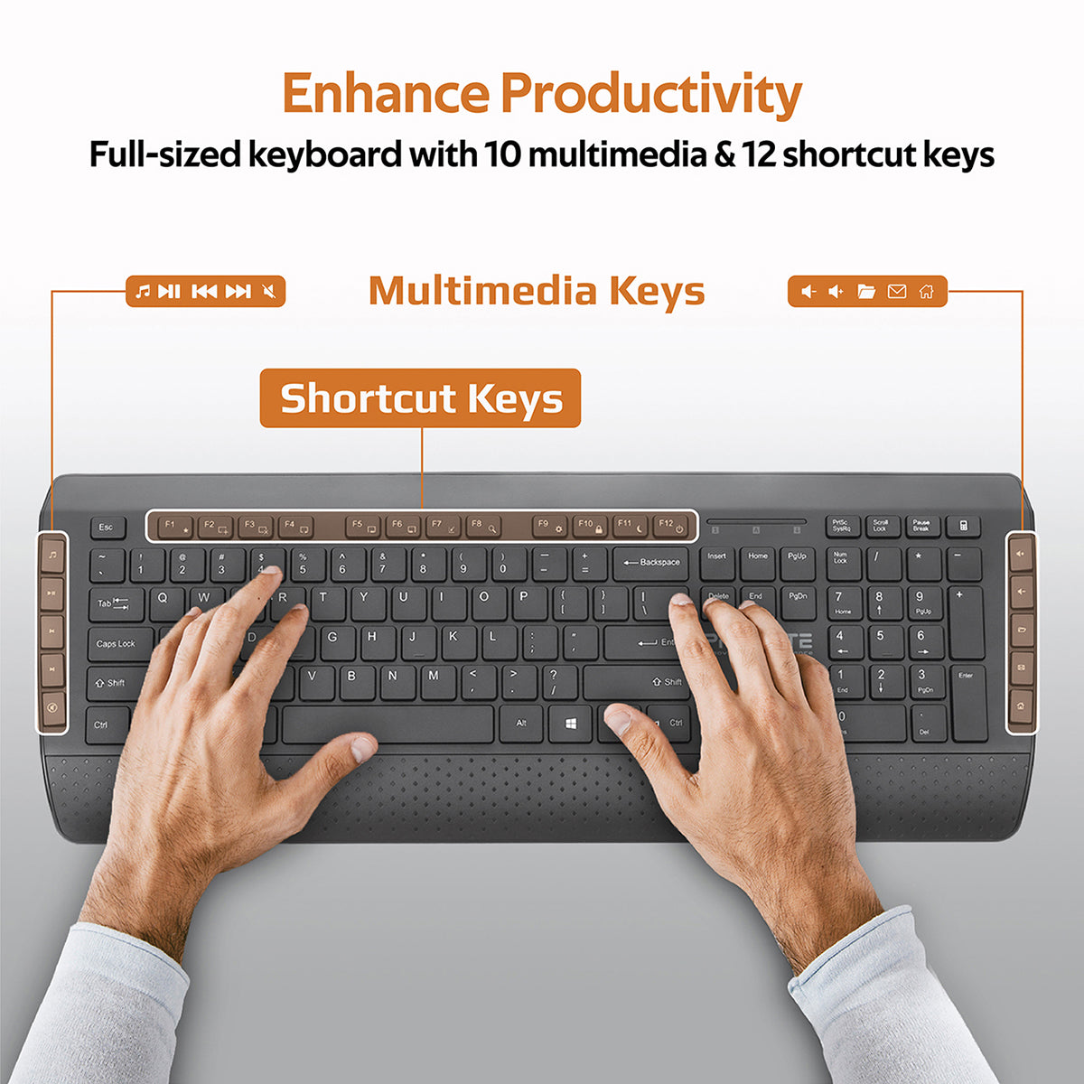 Promate Wireless Keyboard and Mouse, Ergonomic 2.4Ghz Keyboard and Mouse Combo with Palm Rest, Silent Keys, 1600Dpi Precision Tracking Mouse, Nano USB Receiver and Auto-Sleep Function for PC, Desktops, Windows, IOS, ProCombo-10 English