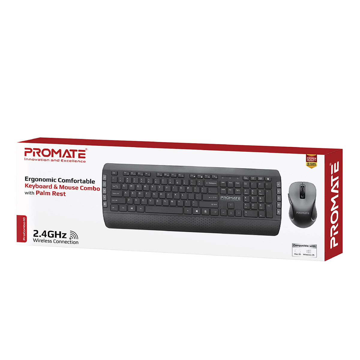 Promate Wireless Keyboard and Mouse, Ergonomic 2.4Ghz Keyboard and Mouse Combo with Palm Rest, Silent Keys, 1600Dpi Precision Tracking Mouse, Nano USB Receiver and Auto-Sleep Function for PC, Desktops, Windows, IOS, ProCombo-10 English