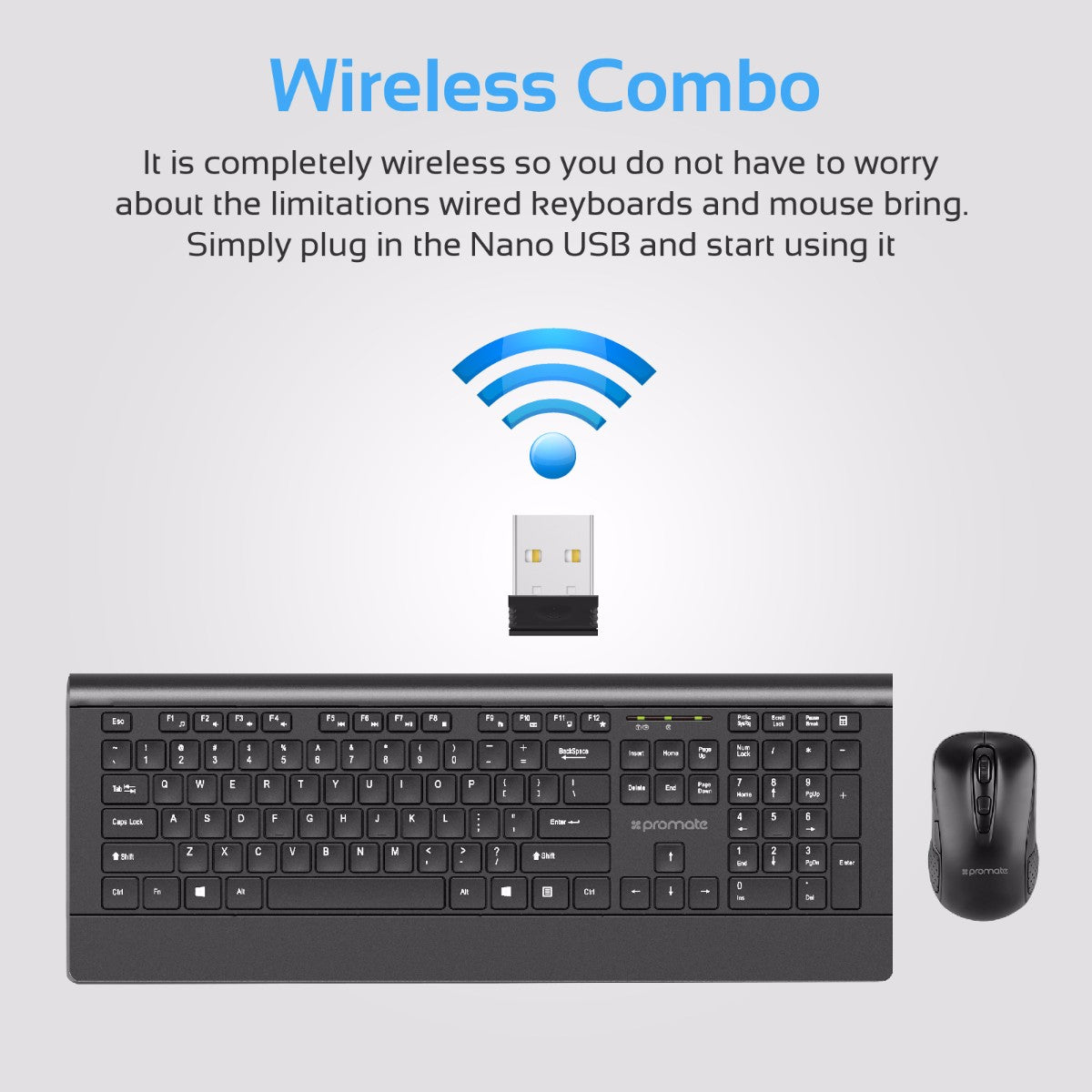 Promate - Wireless Keyboard and Mouse, Ergonomic Ultra-Slim 2.4GHz Cordless Combo Keyboard and 5 Button DPI Mouse with Wrist Rest Panel and Auto-Sleep Function for Desktop, PC, Windows, iOS, ProCombo-4