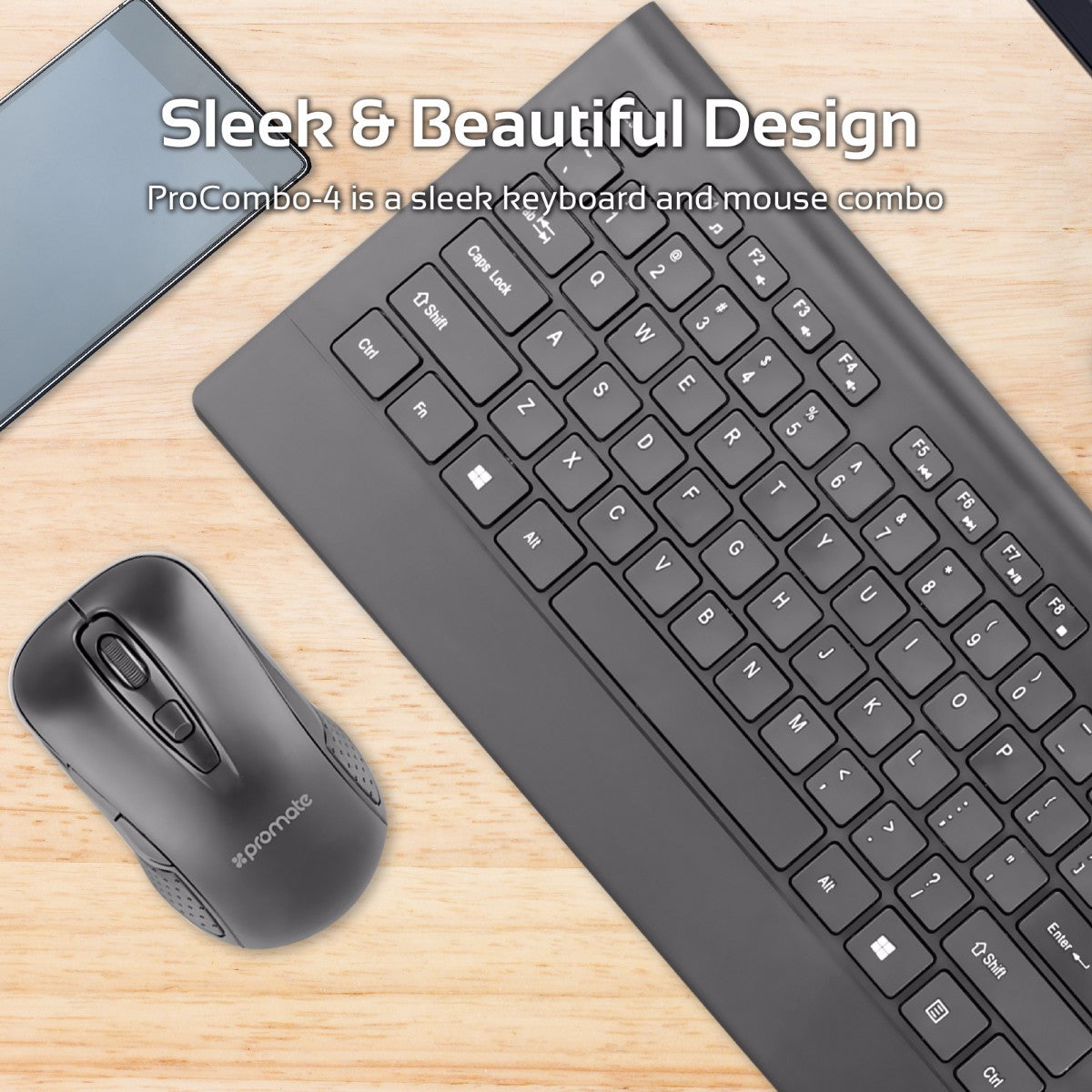 Promate - Wireless Keyboard and Mouse, Ergonomic Ultra-Slim 2.4GHz Cordless Combo Keyboard and 5 Button DPI Mouse with Wrist Rest Panel and Auto-Sleep Function for Desktop, PC, Windows, iOS, ProCombo-4