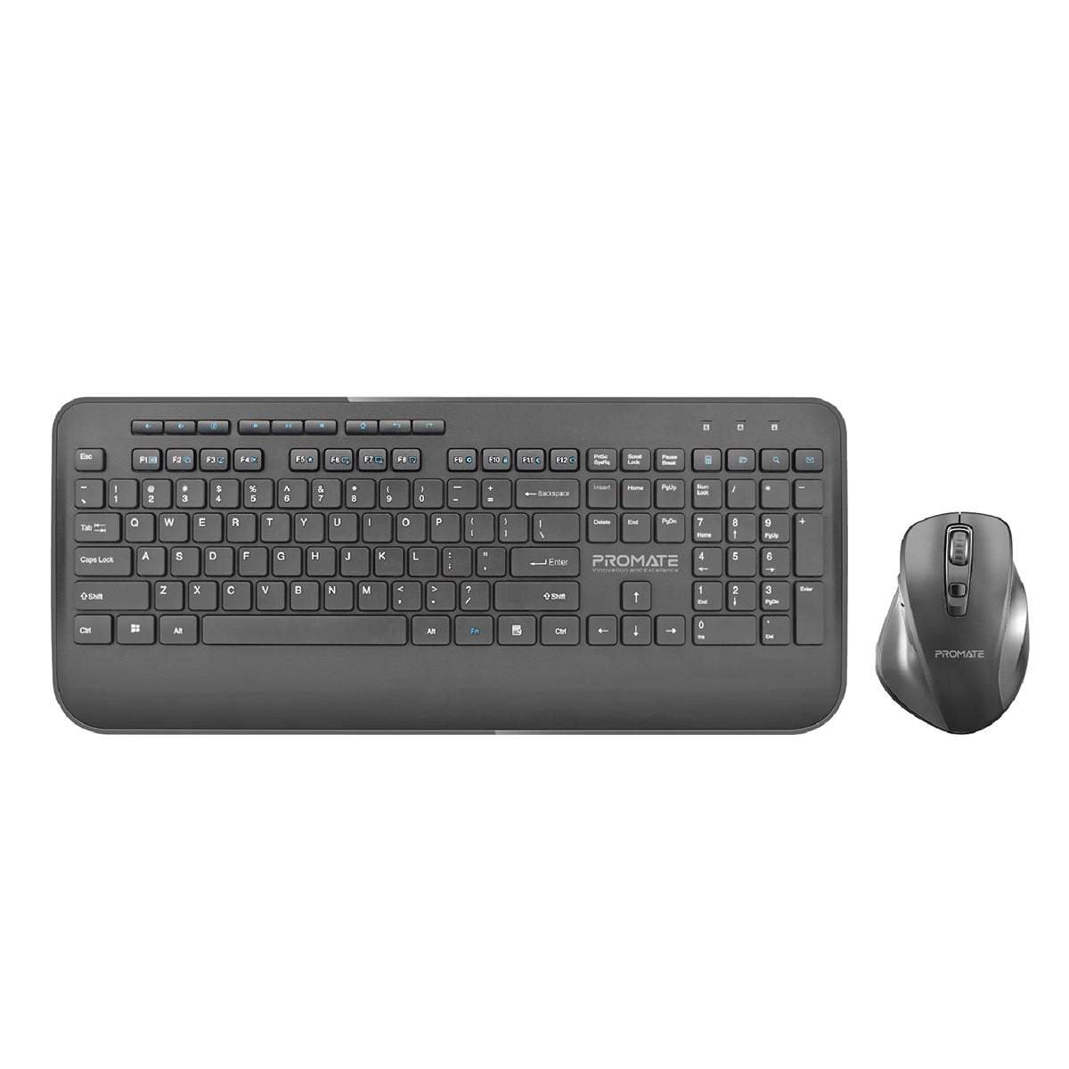 Promate Wireless Keyboard and Mouse Combo, Ergonomic Sleek 2.4Ghz Full-Size Wireless Keyboard with Palm Rest and 1600 DPI Mouse, Nano USB Receiver and Auto-Sleep Function for PC, Desktops, Windows, IOS, ProCombo-8 English