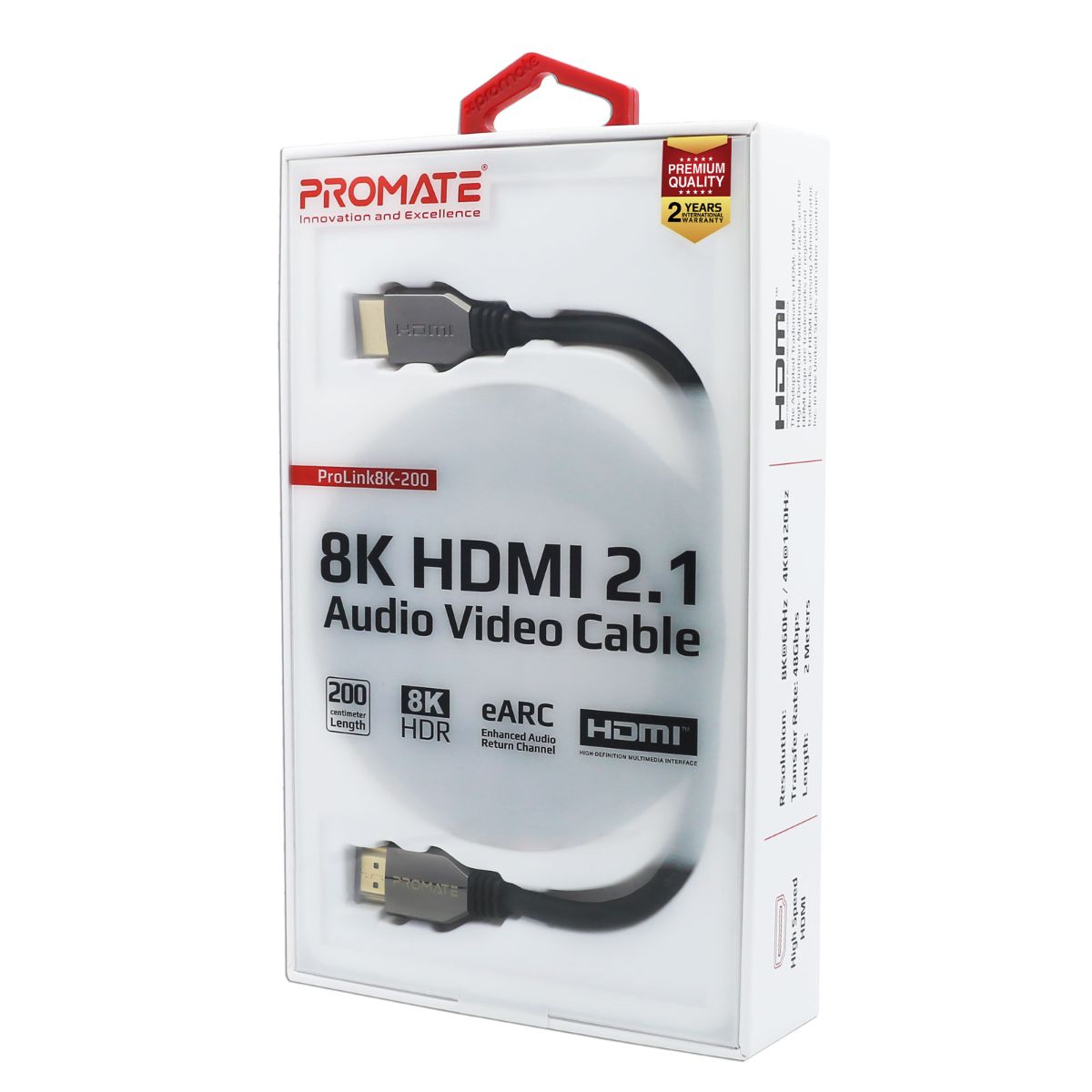 Promate - 8K HDMI Cable, Ultra High-Speed HDMI 2.1 Cable with 8K HDR, 48Gbps Transfer Speed, 2m Cord Length, 3D Support and Enhanced Audio Return (eARC) for Apple TV, Xbox, PS4, Projector, ProLink8K-200