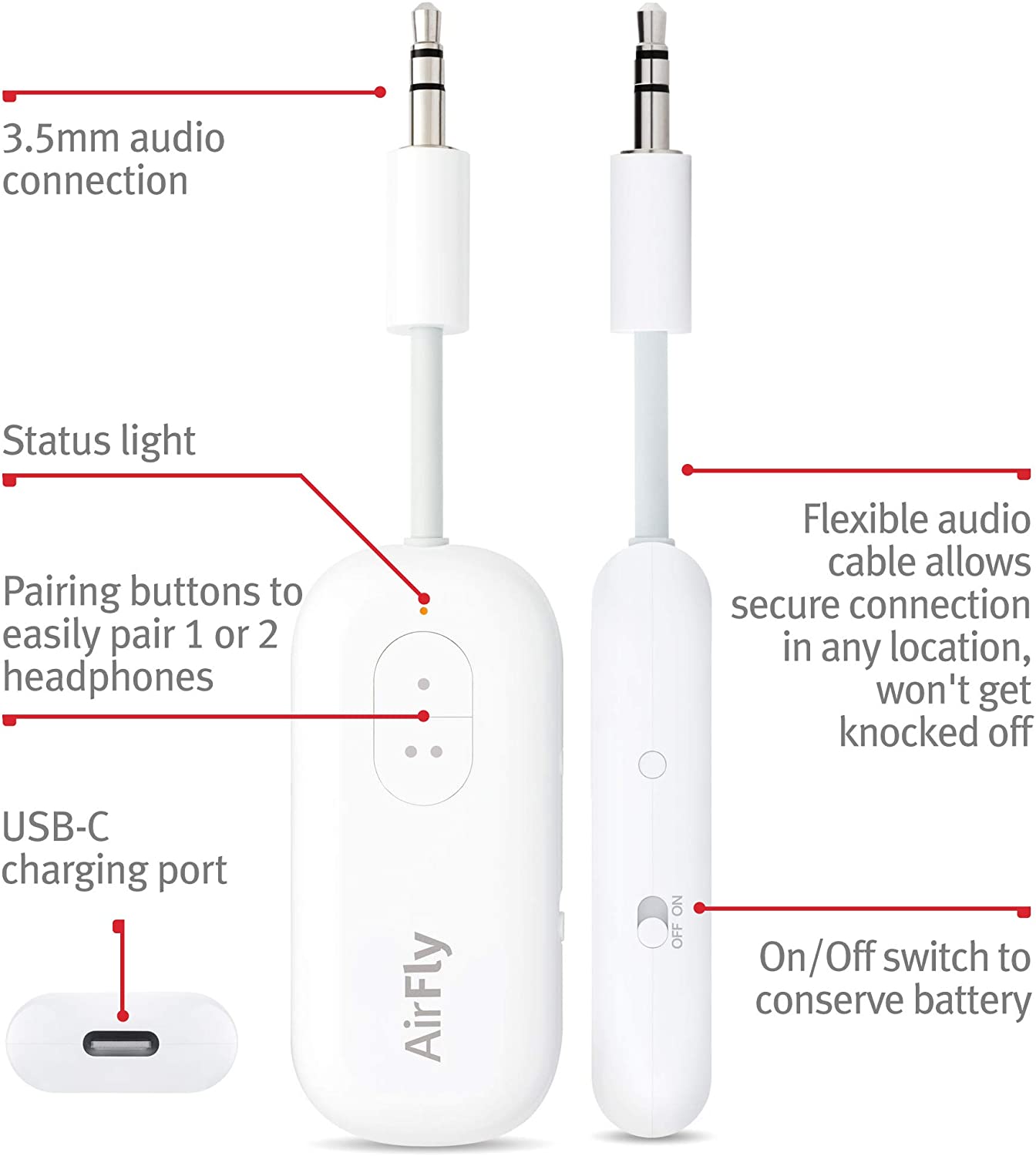 Twelve South - Airfly Duo Airpod Bluetooth Dongle For Air Flights - White