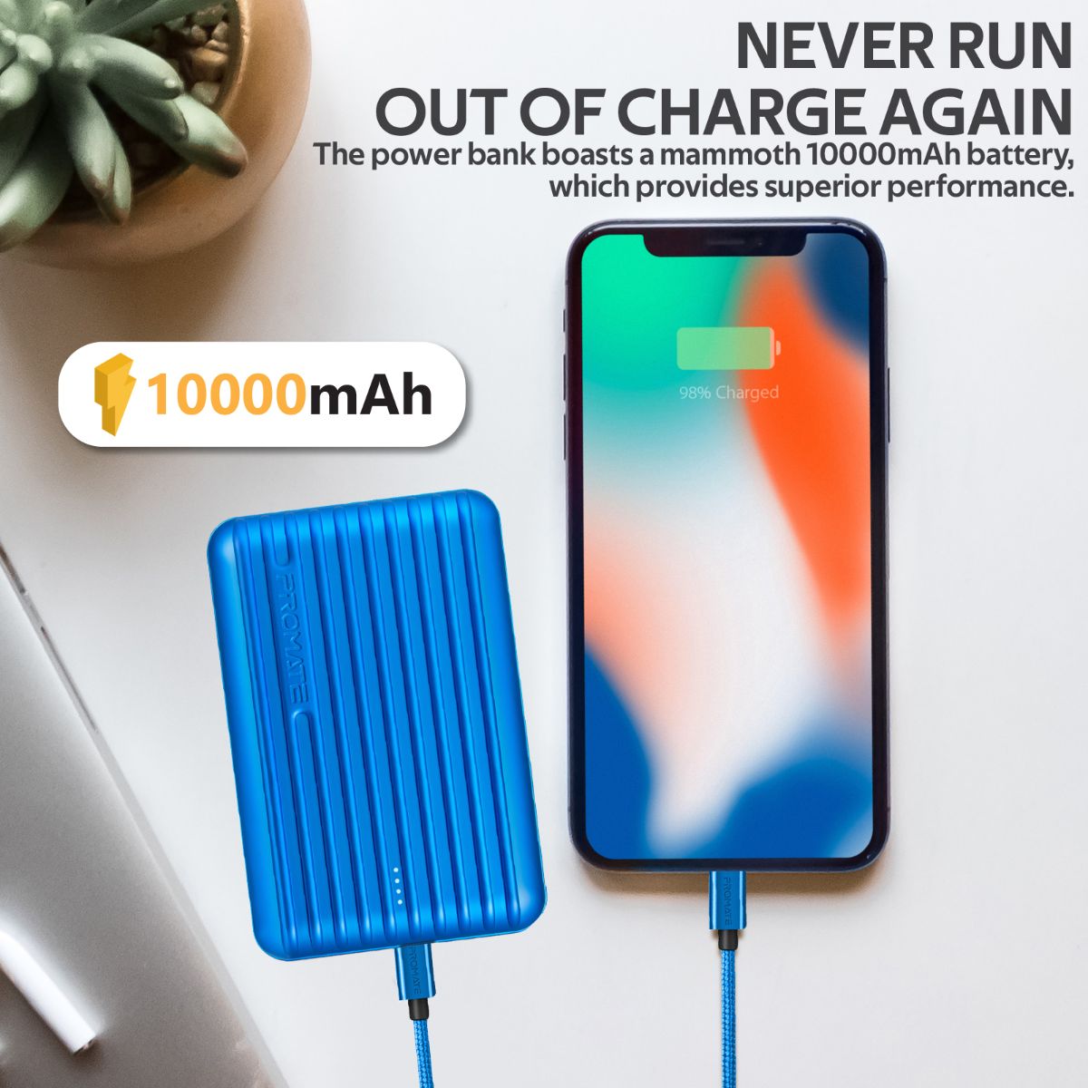 Promate - Type-C Power Bank, Powerful 10000nAh Battery Charger with Type-C and Micro USB Input and Ultra-Fast 2.1A USB Port, USB-C Output, Automatic Voltage Regulation for USB and Type-C Enabled Devices, Titan-10C Blue