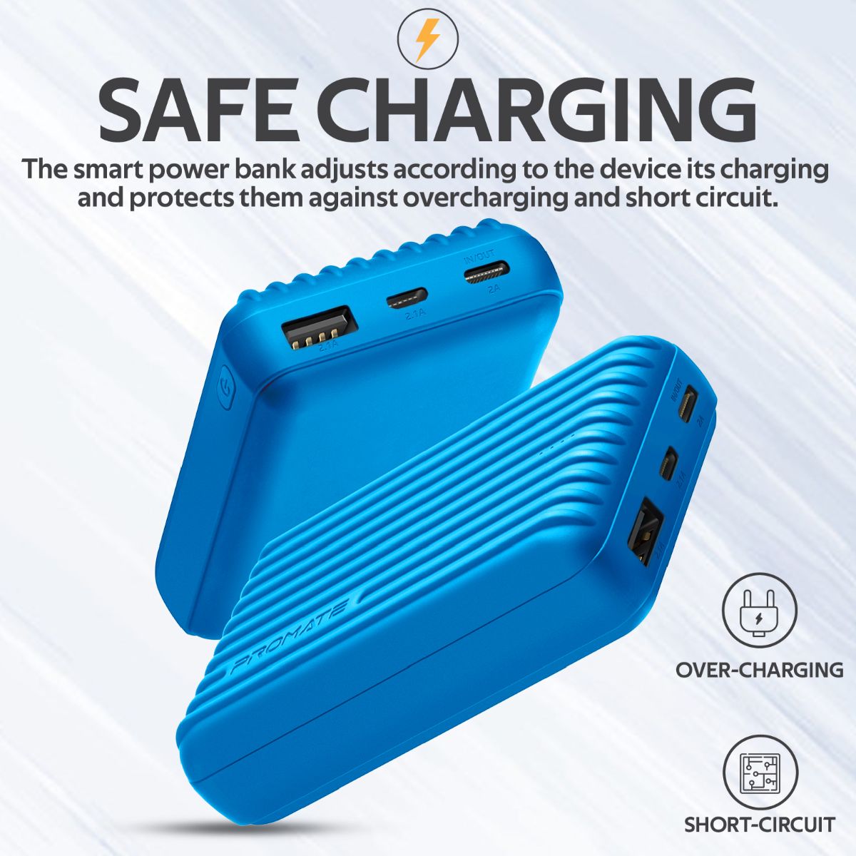 Promate - Type-C Power Bank, Powerful 10000nAh Battery Charger with Type-C and Micro USB Input and Ultra-Fast 2.1A USB Port, USB-C Output, Automatic Voltage Regulation for USB and Type-C Enabled Devices, Titan-10C Blue