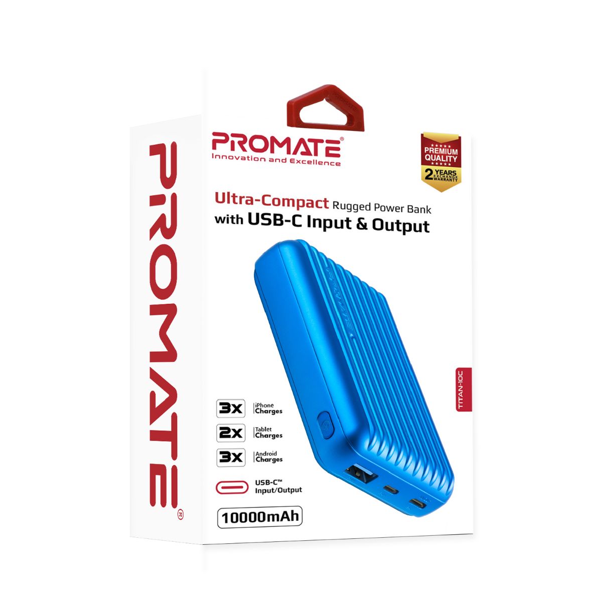 Promate - Type-C Power Bank, Powerful 10000nAh Battery Charger with Type-C and Micro USB Input and Ultra-Fast 2.1A USB Port, USB-C Output, Automatic Voltage Regulation for USB and Type-C Enabled Devices, Titan-10C Blue