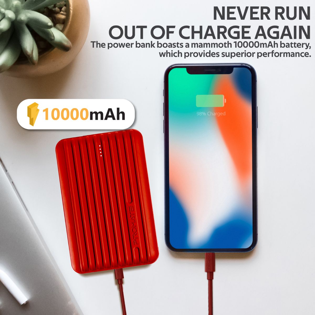 Promate - Type-C Power Bank, Powerful 10000nAh Battery Charger with Type-C and Micro USB Input and Ultra-Fast 2.1A USB Port, USB-C Output, Automatic Voltage Regulation for USB and Type-C Enabled Devices, Titan-10C Red