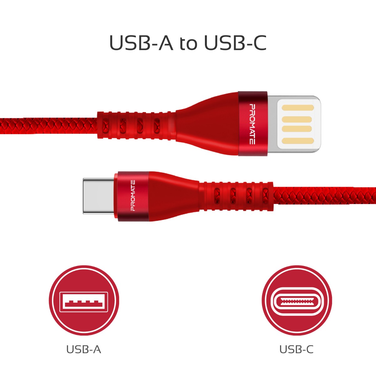 Promate - Type-C Fast Charging Cable, Premium High-Speed Durable 1.2m USB Type-C Cable with 2A Ultra-Fast Charge Sync Cable, Double-Sided USB-A Connector and Over Charging Protection for Smartphones, Tablets, VigoRay-C.Red