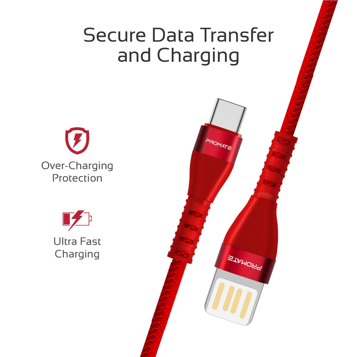 Promate - Type-C Fast Charging Cable, Premium High-Speed Durable 1.2m USB Type-C Cable with 2A Ultra-Fast Charge Sync Cable, Double-Sided USB-A Connector and Over Charging Protection for Smartphones, Tablets, VigoRay-C.Red