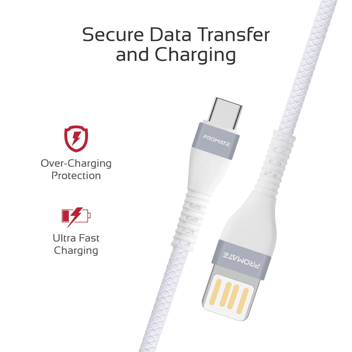 Promate - Reversible USB-A to USB-C Cable, High-Quality 2A Fast Speed Charge Data Transmission Charging Type-C Cable with Alloy Zinc Connectors and 1.2m Tangle Free Design for All Type-C Enabled Devices, Vigoray-C.White