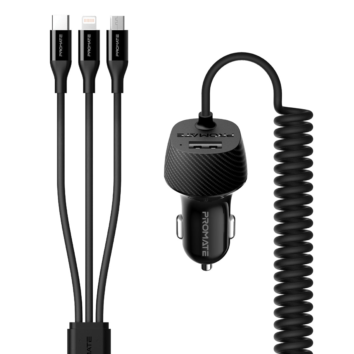 Promate - USB Car Charger with Cord, Ultra-Compact 3.4A Quick Charger Adapter with Built-In 3-in-1 Splitter USB-C™, Lightning, Micro-USB Charging Coiled Cable and 2.4A USB Port, for Smartphones, Tablets, GPS, VolTrip-UNI