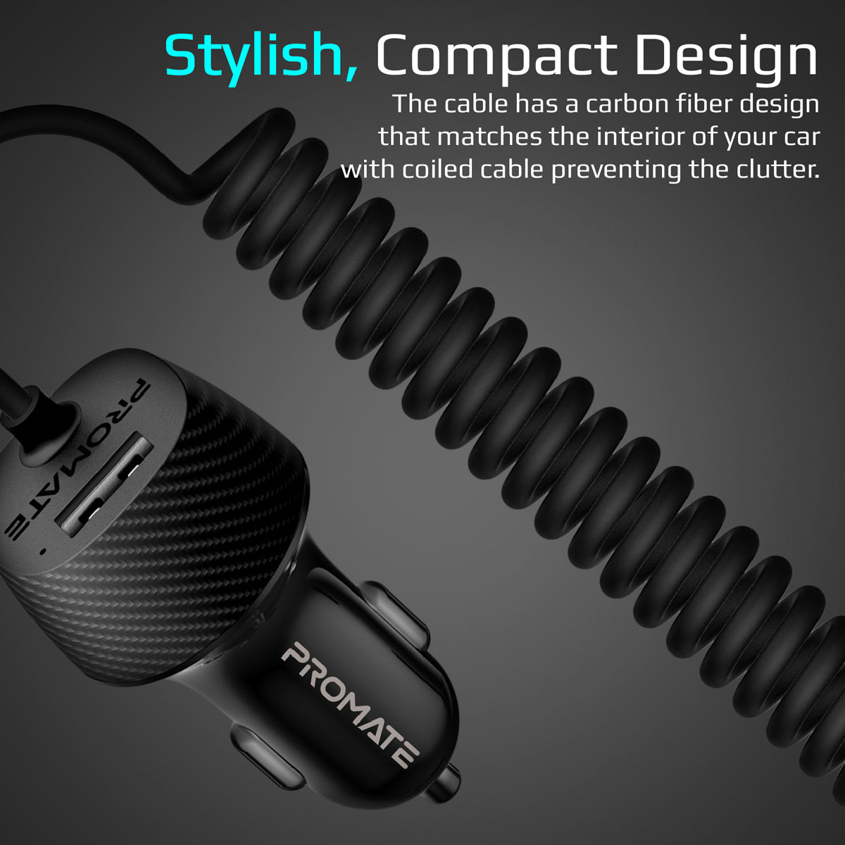 Promate - USB Car Charger with Cord, Ultra-Compact 3.4A Quick Charger Adapter with Built-In 3-in-1 Splitter USB-C™, Lightning, Micro-USB Charging Coiled Cable and 2.4A USB Port, for Smartphones, Tablets, GPS, VolTrip-UNI