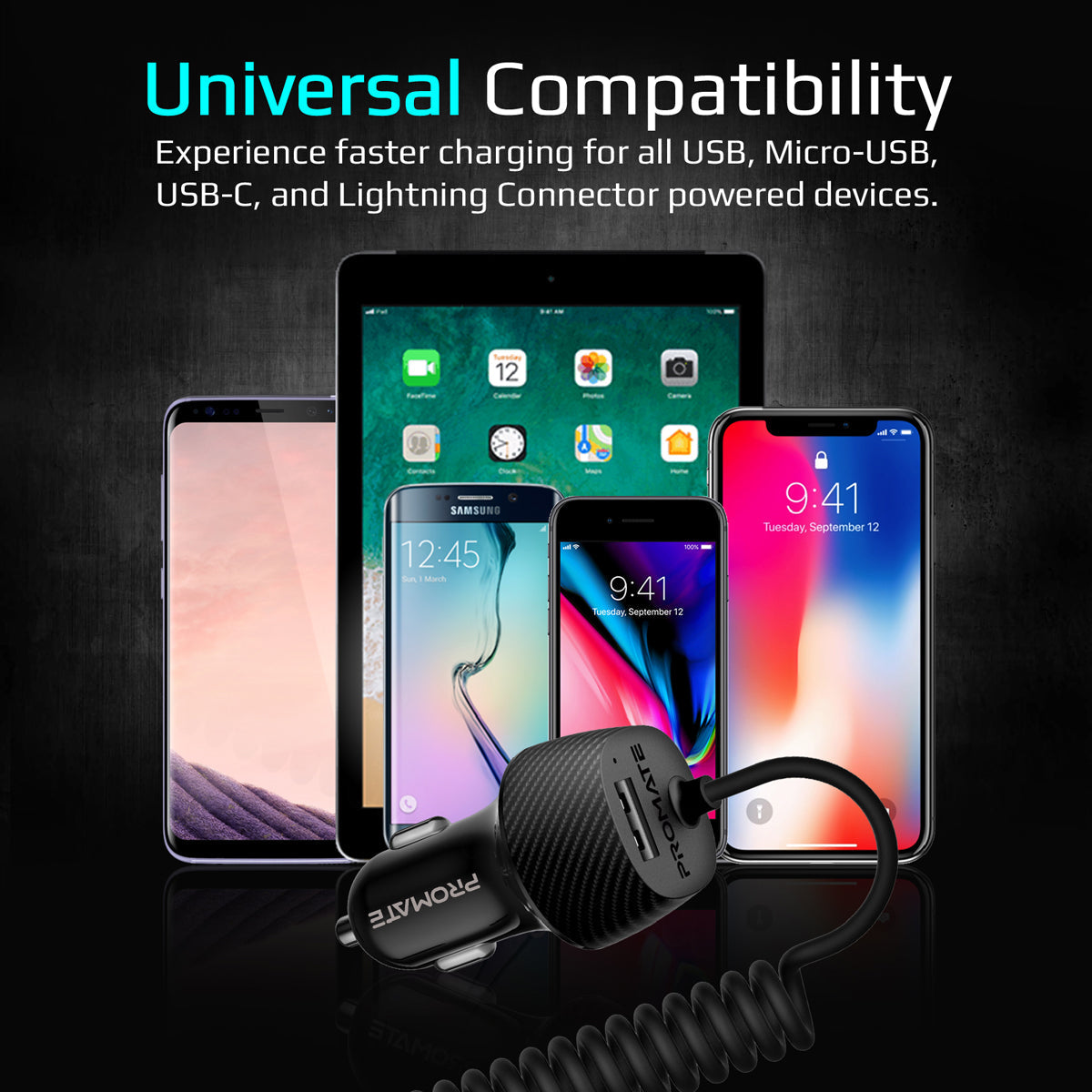 Promate - USB Car Charger with Cord, Ultra-Compact 3.4A Quick Charger Adapter with Built-In 3-in-1 Splitter USB-C™, Lightning, Micro-USB Charging Coiled Cable and 2.4A USB Port, for Smartphones, Tablets, GPS, VolTrip-UNI