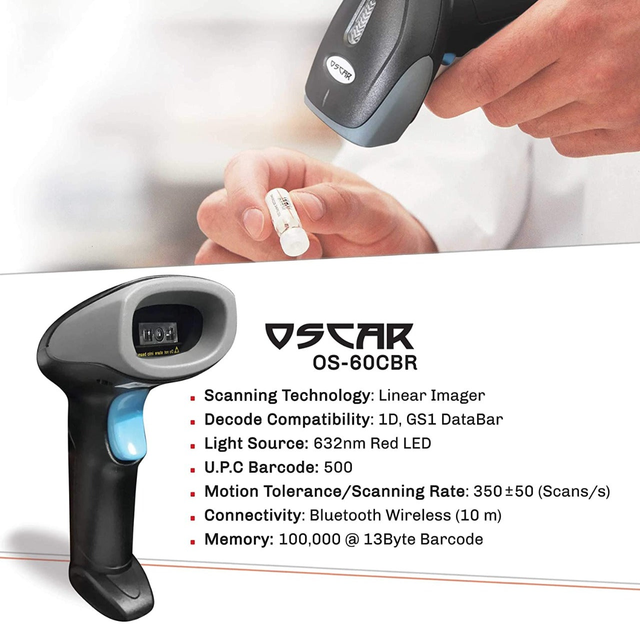 OSCAR OS-60CBR 2-in-1 Wired & Cordless Wireless | 100,000 Memory | Rechargeable Barcode Scanner Imager 1D | Long Range 100M | Warehouse, Retail, Office, POS | Scans from mobile phone screen