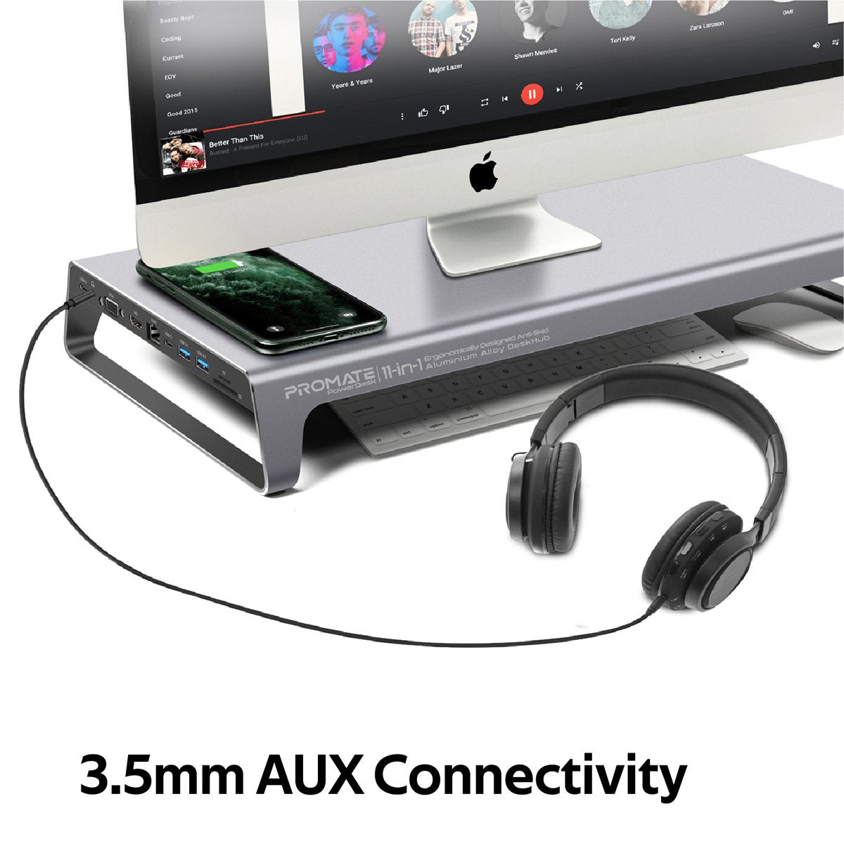 Promate USB-C Laptop Docking Station Monitor Stand, 11-in-1 Aluminium DeskHub with 87W USB-C Power Delivery, 10W Qi Wireless Charger, 4K HDMI Port, Ethernet Port, 2 USB 3.0, VGA, Aux Port and SD/MicroSD Slot, PowerDesk Grey