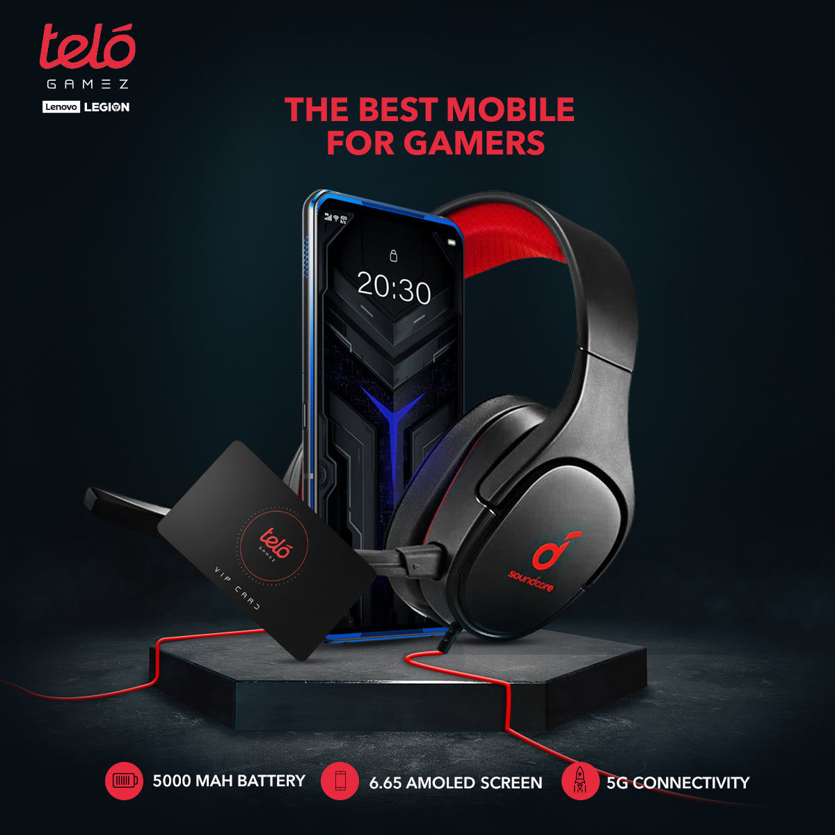 Lenovo Telo Gamez L79031 Legion Phone Duel Blazing Blue (12+256gb) + Anker Sound core Strike 1 Gaming Headset Black Bundle + VIP Card