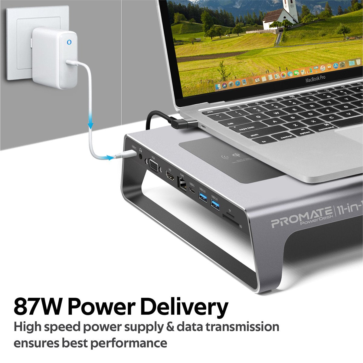 Promate USB-C Laptop Docking Station Monitor Stand, 11-in-1 Aluminium DeskHub with 87W USB-C Power Delivery, 10W Qi Wireless Charger, 4K HDMI Port, Ethernet Port, 2 USB 3.0, VGA, Aux Port and SD/MicroSD Slot, PowerDesk Grey