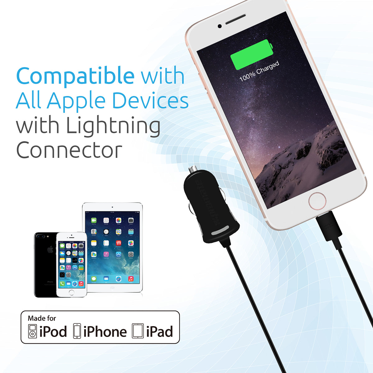 Promate - iPhone Car Charger, Ultra Compact Apple MFi Certified 2.1A Car Charger with 3 Feet Lightning Connector Cable and Short-Circuit Protection for iPhone, iPad, iPod and Lightning Connector Devices, ProChargeLT Black