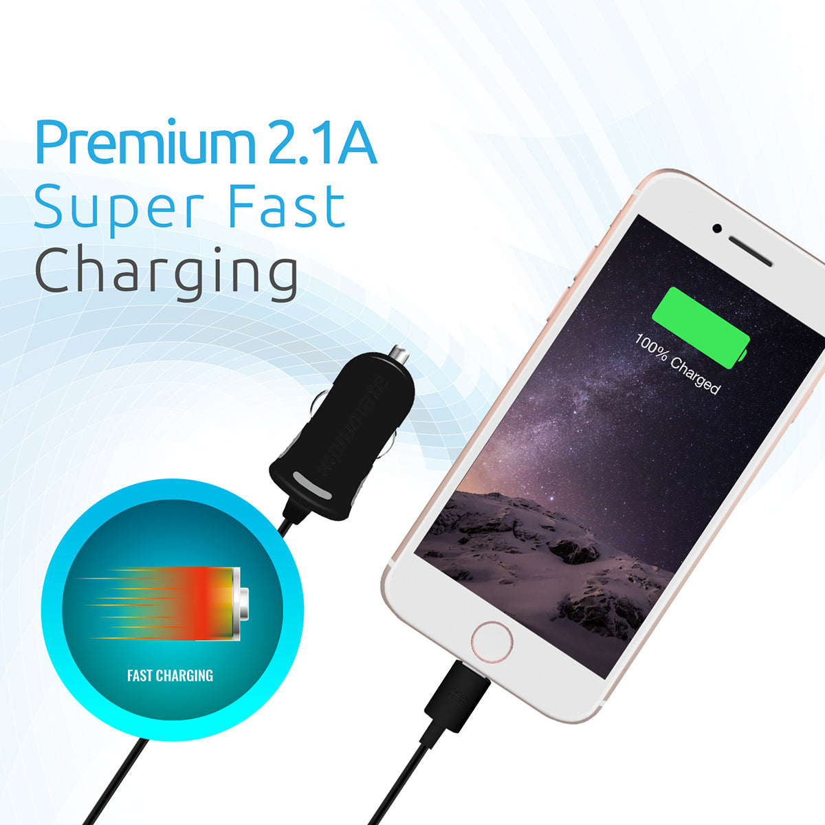 Promate - iPhone Car Charger, Ultra Compact Apple MFi Certified 2.1A Car Charger with 3 Feet Lightning Connector Cable and Short-Circuit Protection for iPhone, iPad, iPod and Lightning Connector Devices, ProChargeLT Black