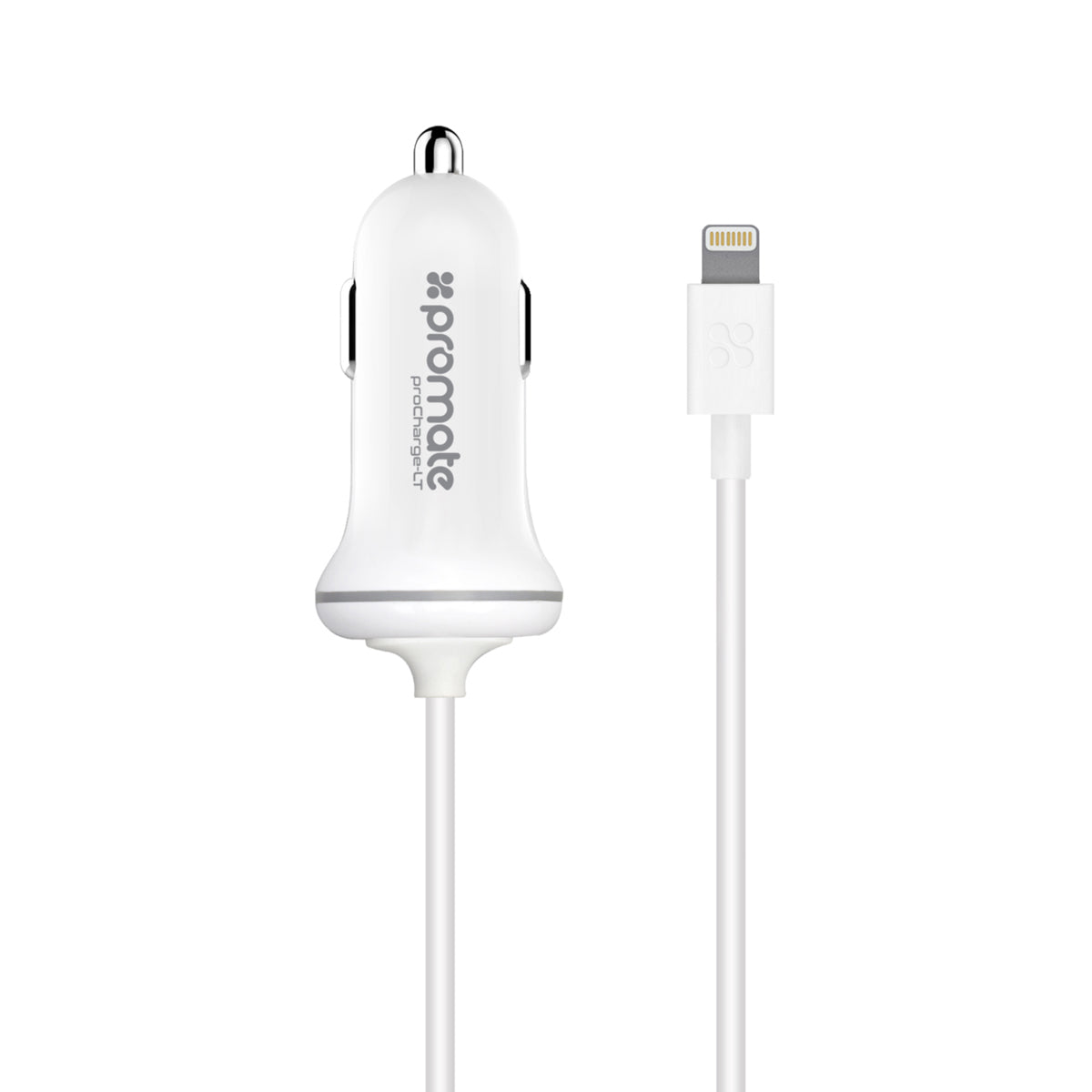 Promate - iPhone Car Charger, Ultra Compact Apple MFi Certified 2.1A Car Charger with 3 Feet Lightning Connector Cable and Short-Circuit Protection for iPhone, iPad, iPod and Lightning Connector Devices, ProChargeLT White