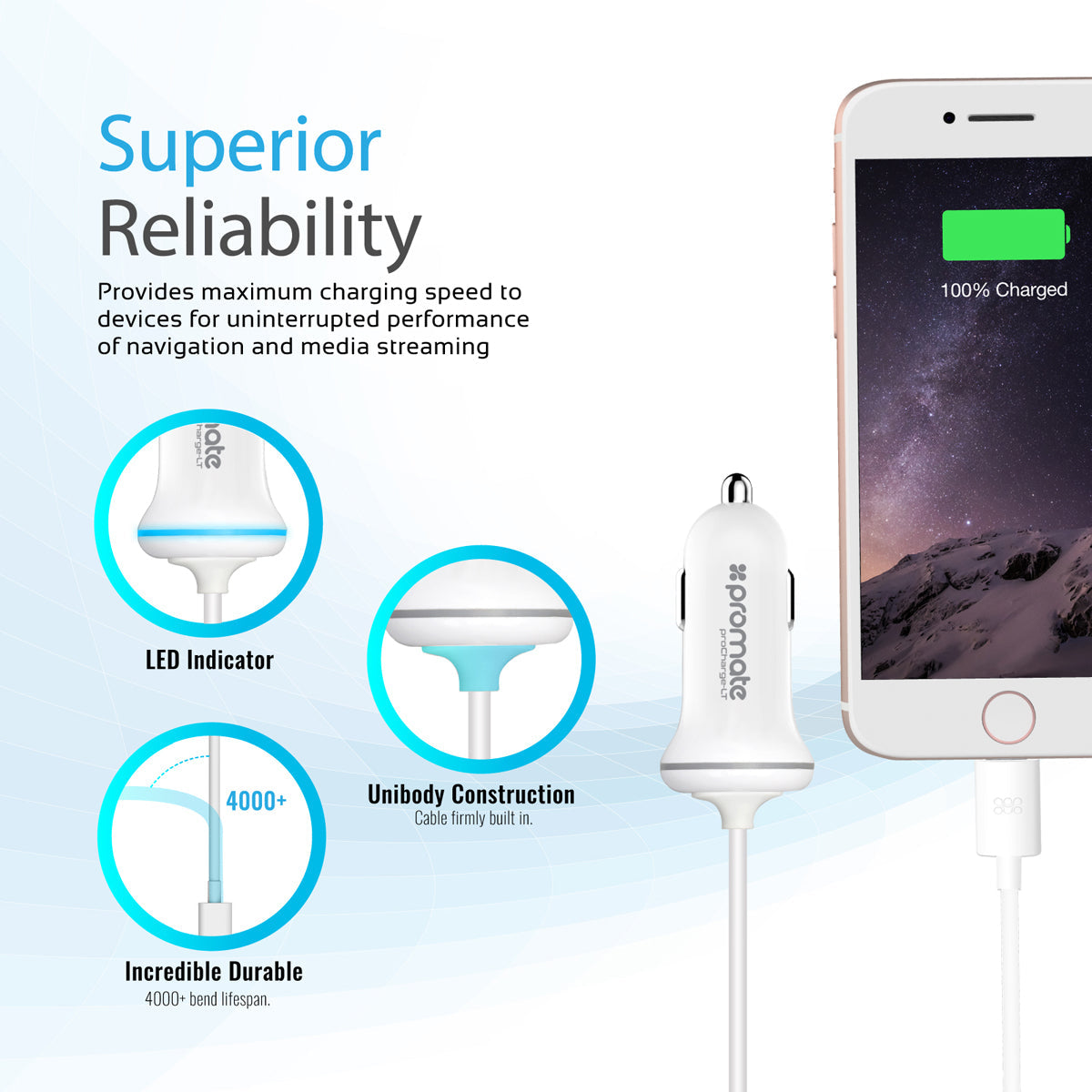 Promate - iPhone Car Charger, Ultra Compact Apple MFi Certified 2.1A Car Charger with 3 Feet Lightning Connector Cable and Short-Circuit Protection for iPhone, iPad, iPod and Lightning Connector Devices, ProChargeLT White