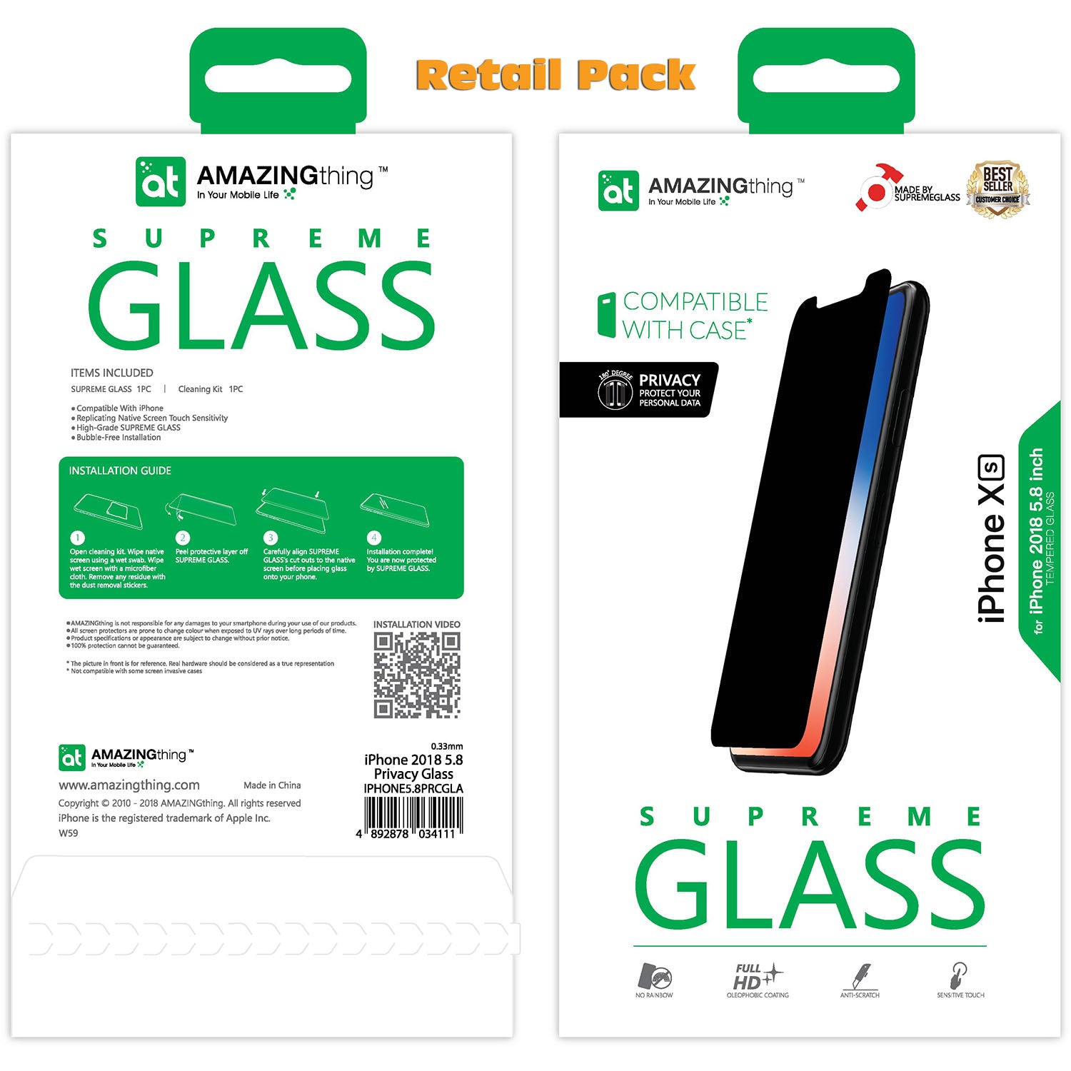 Amazing Thing iPhone XS/iPhone X PRIVACY Glass Screen Protector - Tempered Supreme Glass