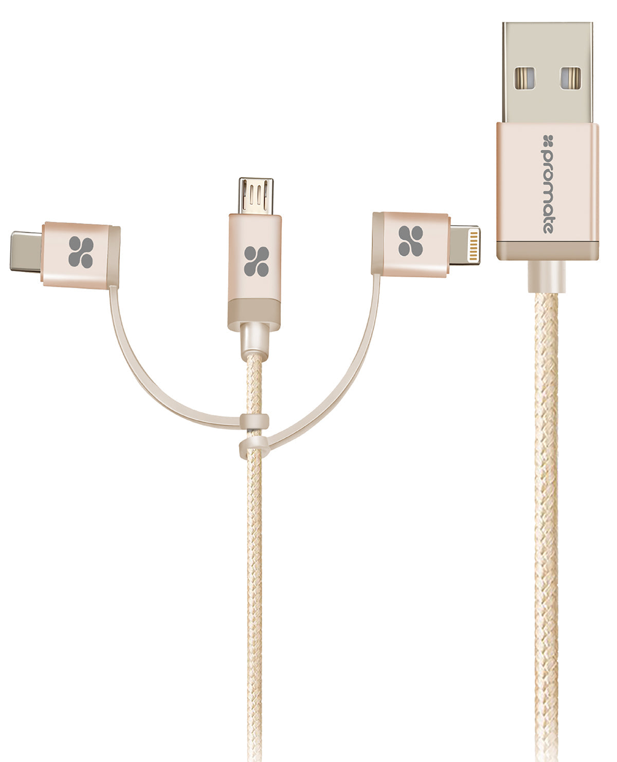 Promate - USB-C Type C, Micro USB, Apple MFi Lightning Cable 3 in 1 Triple Head Data and Charge Cable for Apple, Android and Type C Devices, Unilink-Trio Gold