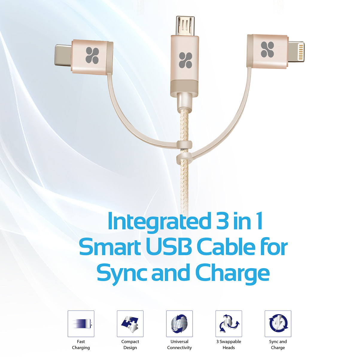 Promate - USB-C Type C, Micro USB, Apple MFi Lightning Cable 3 in 1 Triple Head Data and Charge Cable for Apple, Android and Type C Devices, Unilink-Trio Gold