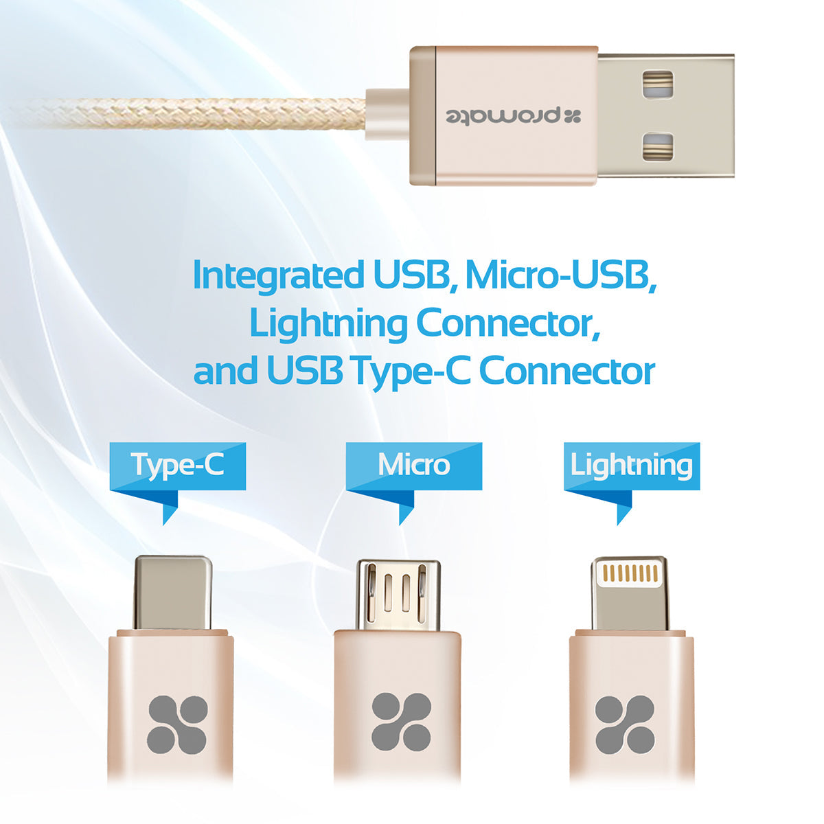 Promate - USB-C Type C, Micro USB, Apple MFi Lightning Cable 3 in 1 Triple Head Data and Charge Cable for Apple, Android and Type C Devices, Unilink-Trio Gold