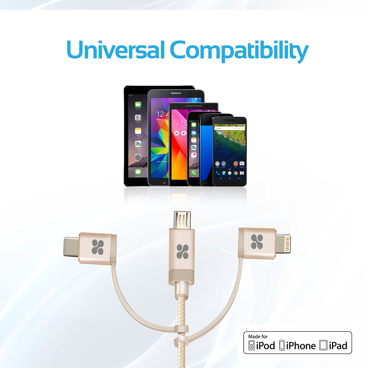 Promate - USB-C Type C, Micro USB, Apple MFi Lightning Cable 3 in 1 Triple Head Data and Charge Cable for Apple, Android and Type C Devices, Unilink-Trio Gold